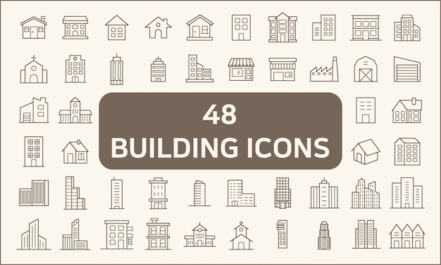 Set van 48 gebouw en onroerend goed pictogrammen lijnstijl. Bevat pictogrammen zoals huis, aannemer, stad, stad, appartement, kantoor, kerk, structuur en meer.