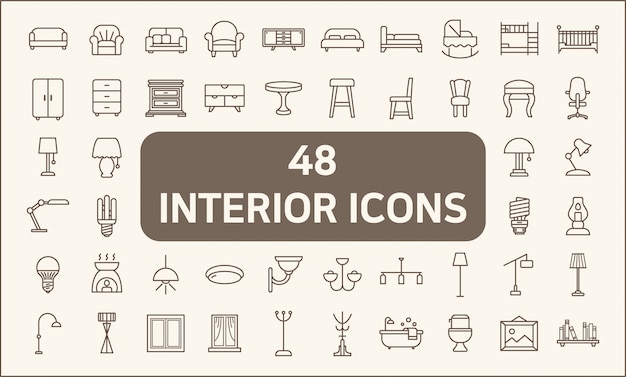 Set van 48 interieur- en verlichtingslijnstijl. bevat pictogrammen zoals verlichting, vloerlamp, kaars, woondecoratie, kroonluchter, verlichting, meubels, bed, stoel en meer.