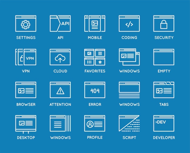 Set van 48x48 minimale browser die app ontwikkelt en vectorlijnpictogrammen codeert perfecte pixel dunne lijn