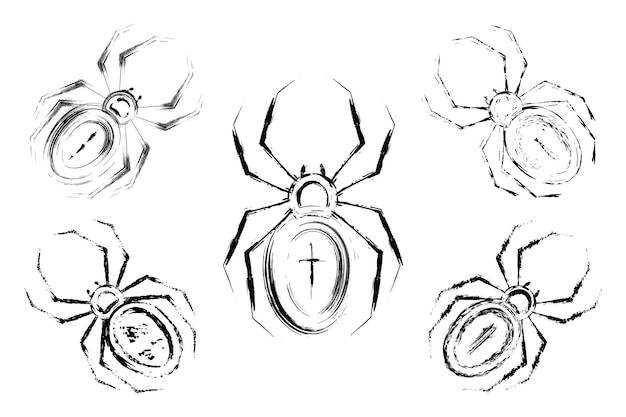 Set van 5 spinnen in grunge-schetsstijl