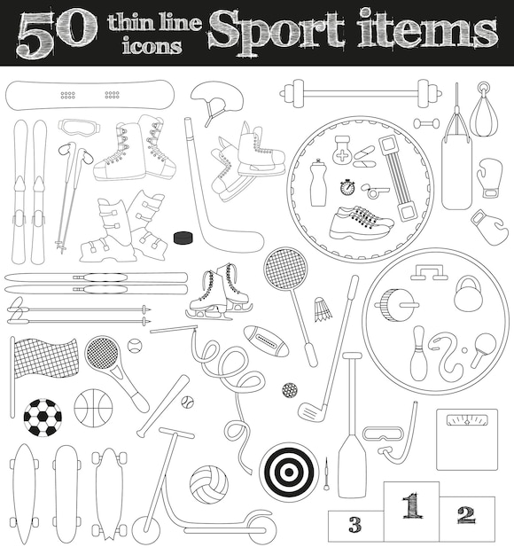Set van 50 dunne lijn sport iconen vectorillustratie