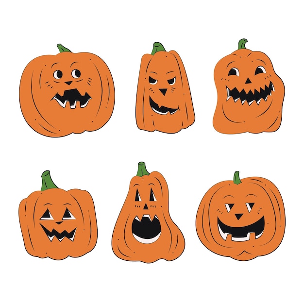 Set van 6 enge Halloween-pompoenen Kleur platte vectorillustratie