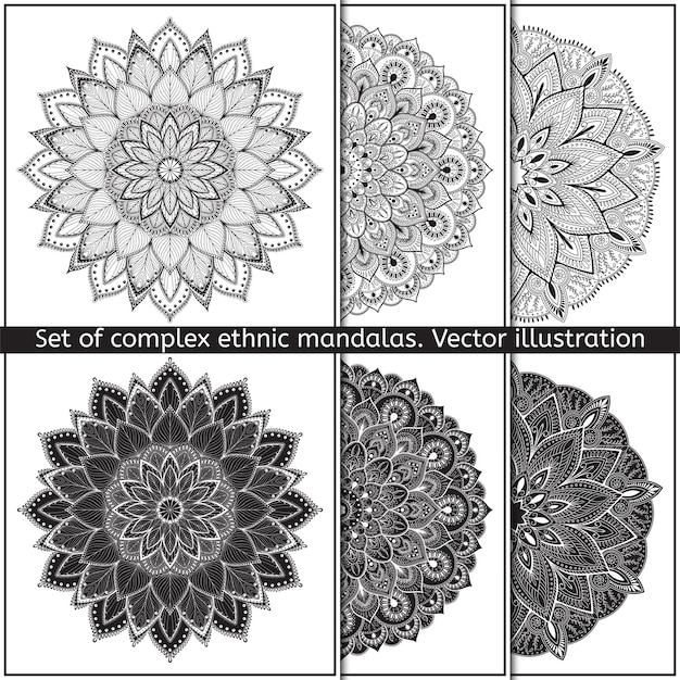 Set van 6 handgetekende vector mandala op witte achtergrond contour mandala symbolen voor kleurplaat pagina