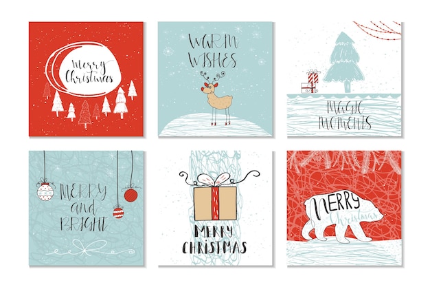 Set van 6 leuke kerstcadeaukaarten met quote Merry Christmas, vrolijke en heldere, warme wensen, magische momenten. Gemakkelijk bewerkbare sjabloon. Vector.