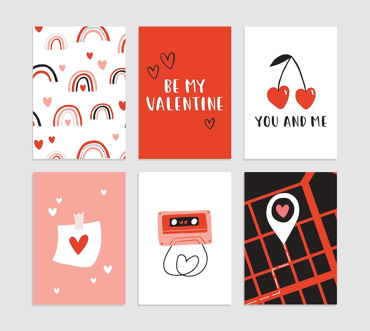 Vector set van 6 schattige kant-en-klare romantische ansichtkaarten geschenken harten cups vector afdrukbare collectie van valentijnsdag kaart uitnodigingsposter in zachte kleuren sjabloonontwerp