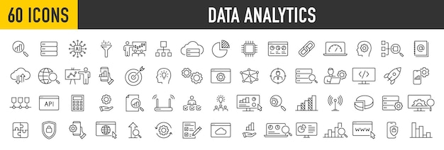 Set van 60 Data Analyse webpictogrammen in lijnstijl Grafieken Analyse Big Data verwerking groei statistieken analytics grafiek onderzoek netwerk verzameling Vector illustratie