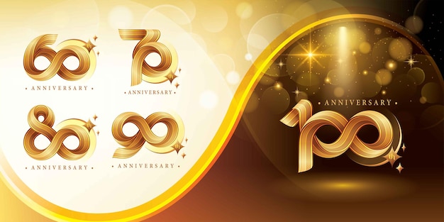 Set van 60 tot 100 jaar Jubileum logo ontwerp Jubileum Logo Gouden Twist Infinity met Ster
