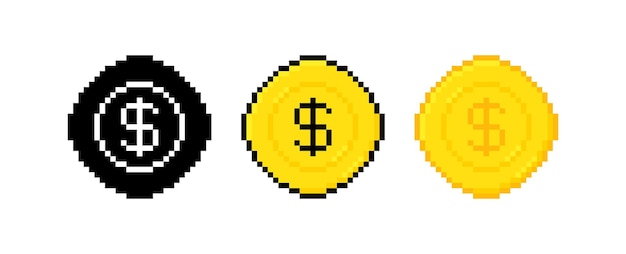 Set van 8 bit pixel art dollar munt Gold monet Vector illustratie