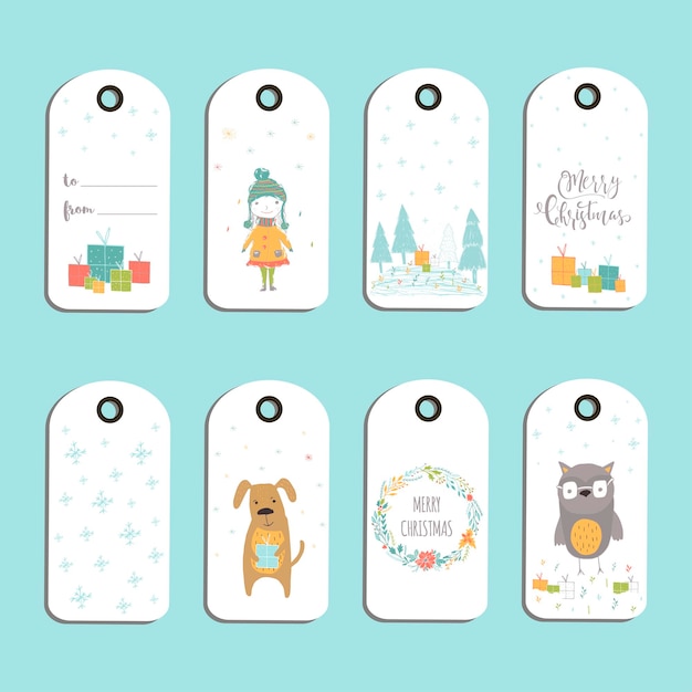 Set van 8 leuke kerstcadeaulabels, kaarten met belettering Merry Christmas, dieren, presets, boom en sneeuwvlokken. Gemakkelijk bewerkbare sjabloon. Perfecte illustratie voor briefkaart, poster, badge, banner.