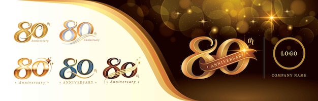 Set van 80e verjaardag logo ontwerp Tachtig jaar Logo Celebration, Golden Luxury logo nummer.