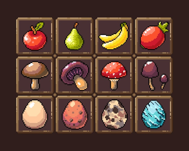 Set van 8bit pixel grafische pictogrammen geïsoleerde vectorillustratie game art fruit elixer potion