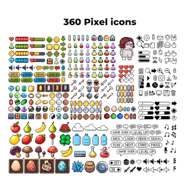 Set van 8bit pixel grafische pictogrammen geïsoleerde vectorillustratie game art wapens sieraden drankjes