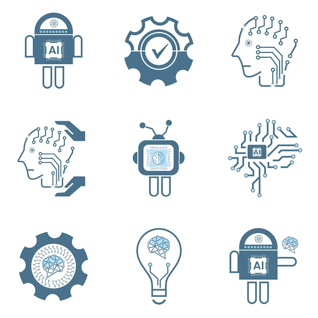 Set van 9 AI iconen symbolen Groepen Kunstmatige intelligentie lijn iconen technologie concepten
