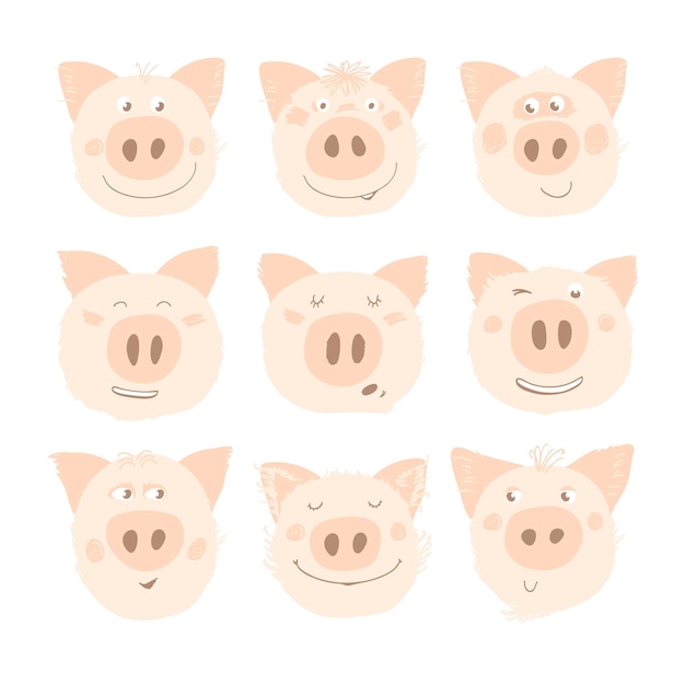 Set van 9 gezichten van grappige roze biggetjes