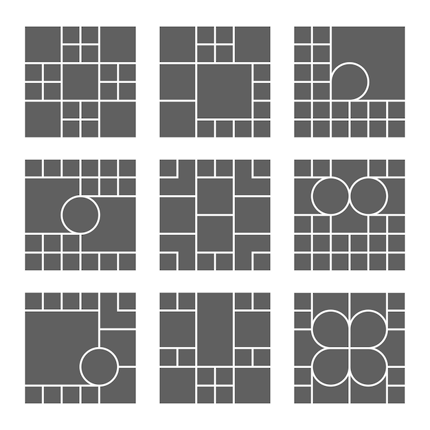 Set van 9 grote sjablonen vierkante en ronde foto-inhoud vector afbeeldingsframe