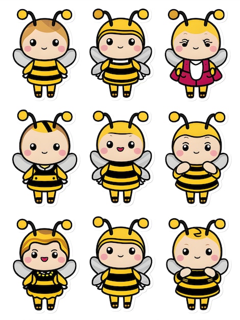 Set van 9 Kawaii Bee Stickers Clipart Leuke Bee Ontwerpen