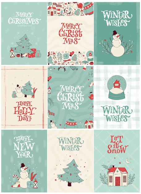 Set van 9 kerst- en nieuwjaarswenskaarten, posters, prenten, uitnodigingen, sjablonen.