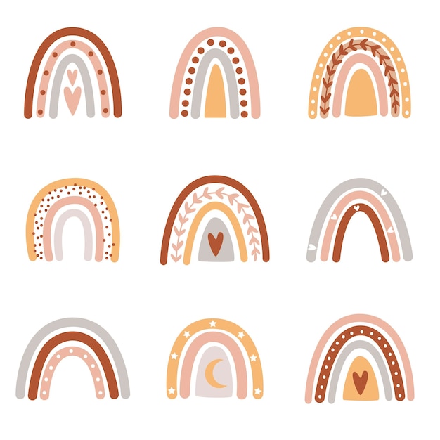 Set van 9 regenboog in boho-stijl vector sjabloon voor spandoek poster wenskaart sticker kleding enz