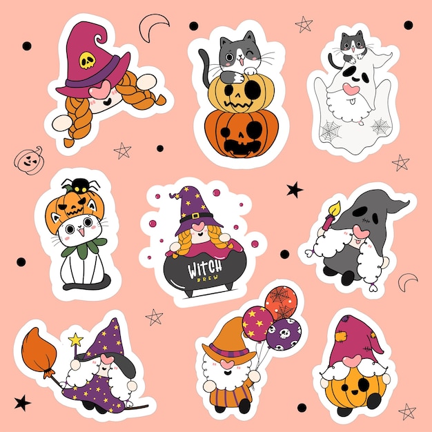 Set van 9 schattige Halloween Gnome en kat in fancy kostuum partij cartoon sticker collectie.