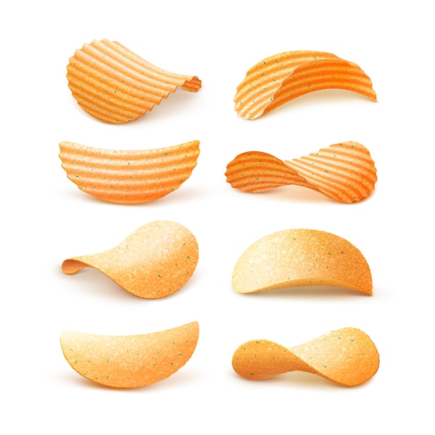 Set van aardappel rimpel knapperige chips geïsoleerd op wit