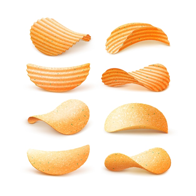 Vector set van aardappel rimpel knapperige chips geïsoleerd op wit