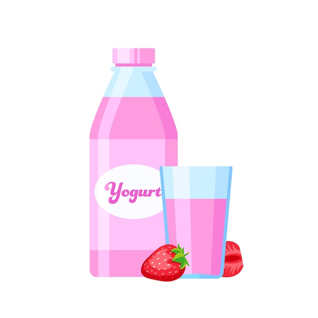 Set van aardbeienyoghurt in fles en glas in platte cartoonstijl Roze yoghurt vectorillustratie