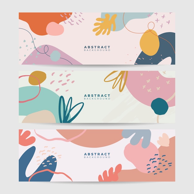 Set van aarde toon kleurrijke minimale organische bloemen laat hand getekende abstracte banner achtergrond in boho stijl