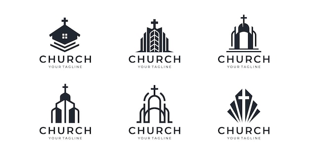 Set van abstract kerklogo Cross on Top Tower Roof Building voor Christian Church Community