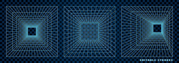 Set van abstracte 3d wireframe tunnels op ruitenrooster achtergrond de geometrische portaal ontwerpen in een