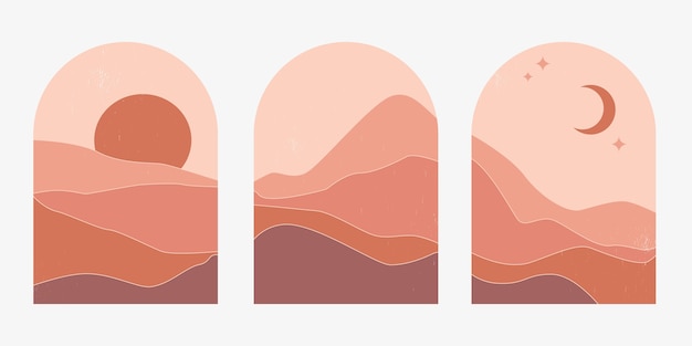 Set van abstracte berglandschappen in bogen bij zonsondergang met zon en maan in een esthetiek