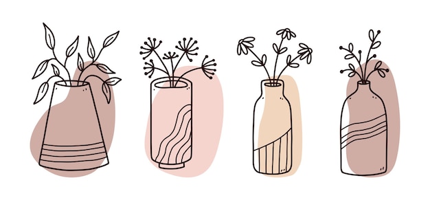 Set van abstracte bloemenkrabbels met organische kleurvormen Minimalistische vazen met bloemen