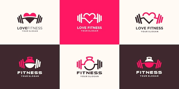 Vector set van abstracte fitness liefde logo. kettlebell gecombineerd halter- en hartlogo-ontwerp