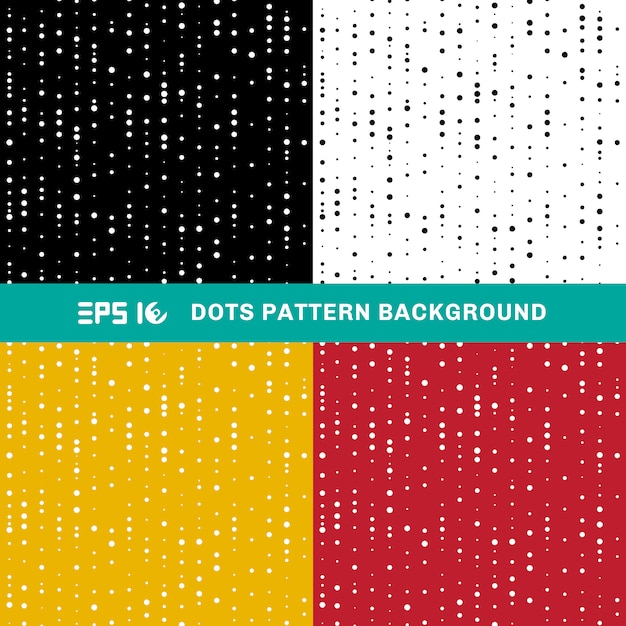 Set van abstracte geometrische stippen patroon cirkels van willekeurige grootte op witte, zwarte, gele, rode achtergrond.