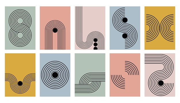 Set van abstracte hedendaagse mid-century posters met gestreepte geometrische vormen