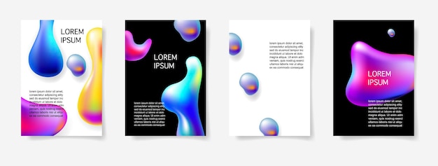 Set van abstracte heldere kleurrijke plasma druppels vormen patroon op witte en zwarte achtergrond voor banner, kaart, poster, webdesign, vector illustratie collectie