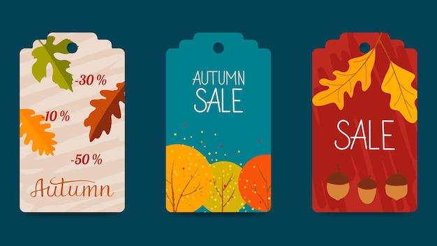 Set van abstracte herfst cadeau-tags bladeren berriestreesshapes lijnen afzonderlijke elementen Seizoensgebonden labelsjablonen voor afdrukken Voor Thanksgiving verjaardag Kerstcadeaus Vector