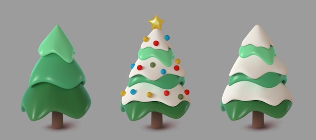 Set van abstracte kerstbomen, met sneeuw bedekt en versierd. vector 3d illustratie. gelukkig nieuwjaar