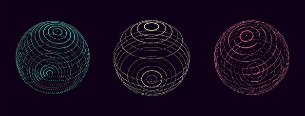 Set van abstracte kleurrijke bollen van stippen op een donkere achtergrond Stroom van netwerkverbindingsstructuur Big data visualisatie Vector illustratie