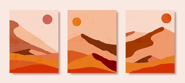 Set van abstracte landschap van bergen en zon in een minimale trendy stijl. Vectorachtergrond in bruine en oranje kleuren voor covers, posters, ansichtkaarten, sociale mediaverhalen. Boho kunst wordt afgedrukt.