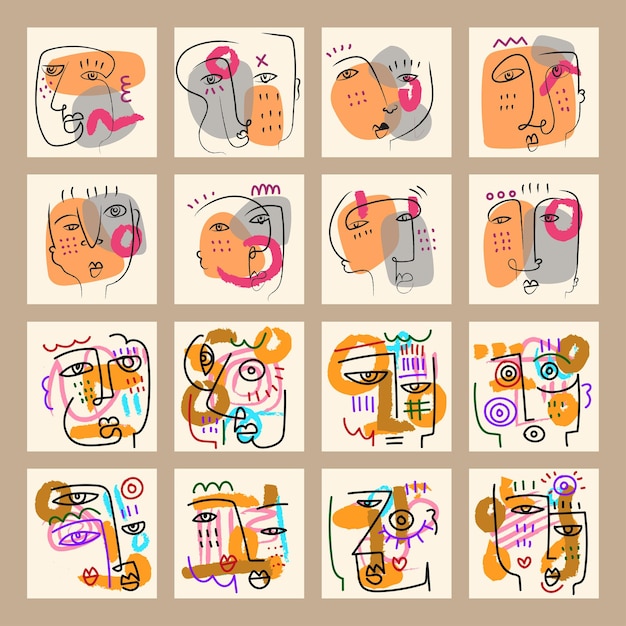 Vector set van abstracte mensen portret geometrische doodle lijn kunst vector illustratie muur kunst print ontwerp