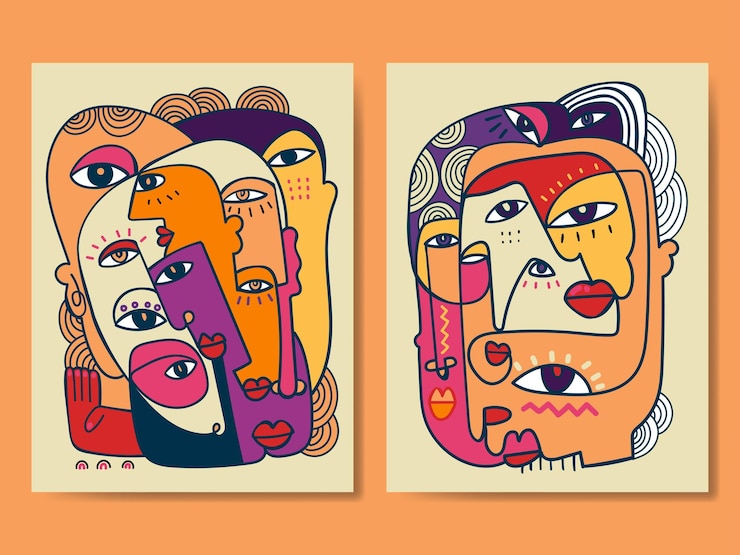 Vector set van abstracte mensen portret geometrische doodle lijn kunst vector illustratie muur kunst print ontwerp