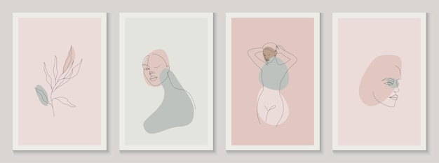 Set van abstracte minimalistische esthetische achtergronden met florale elementen, silhouet van de vrouw, lijnen.