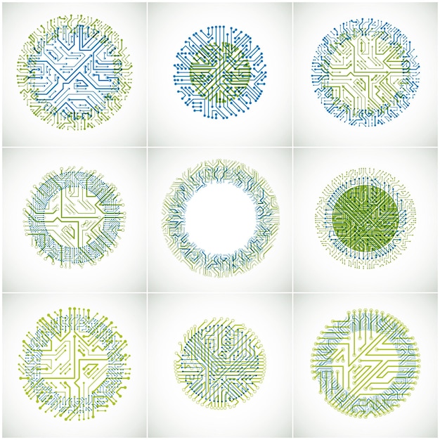 Set van abstracte technologie vectorelementen met ronde kleurrijke printplaten. Hightech circulaire digitale schema's van elektronisch apparaat, multidirectionele pijlen.