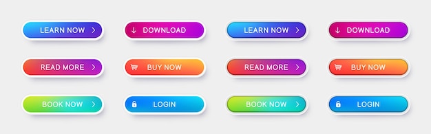 Set van abstracte ui-knoppen met schaduw vector verschillende kleurverloopknoppen voor gebruik in websites, apps en games