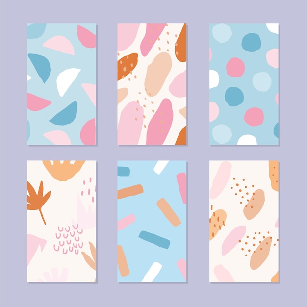 Set van abstracte verhaalachtergronden. Hand getekend natuurlijk patroon in trendy stijl.