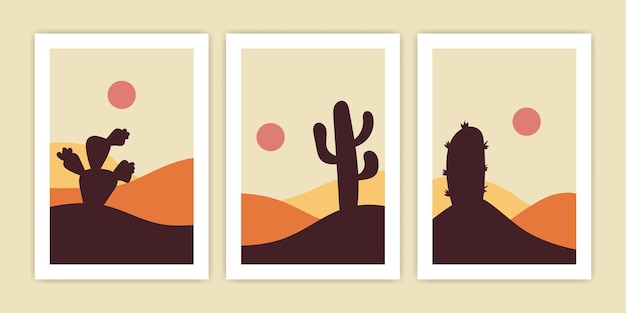 Set van abstracte woestijnlandschap met cactus voor posterontwerp.