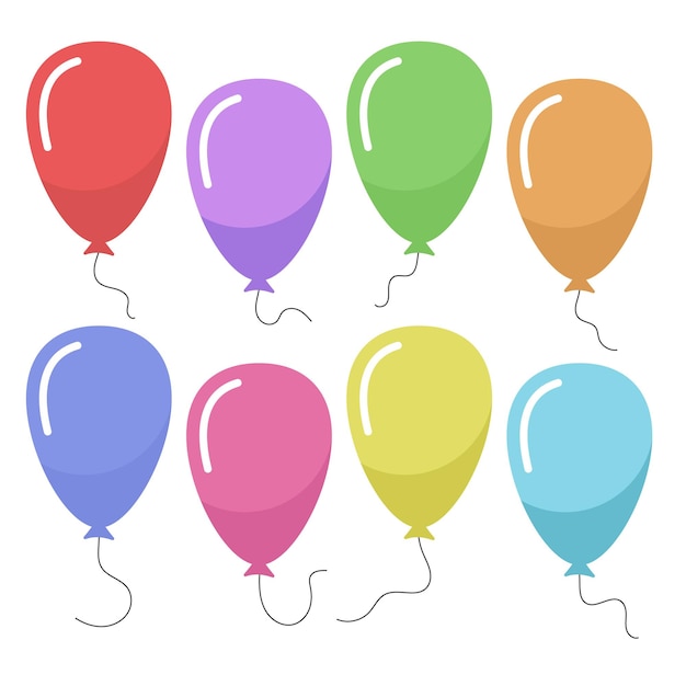 Set van acht kleurrijke ballonnen met een touwtje geïsoleerd op een witte achtergrond. vector illustratie