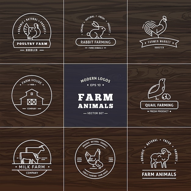 Vector set van acht moderne lineaire stijl logo's met boerderijdieren met ruimte voor tekst of bedrijfsnaam