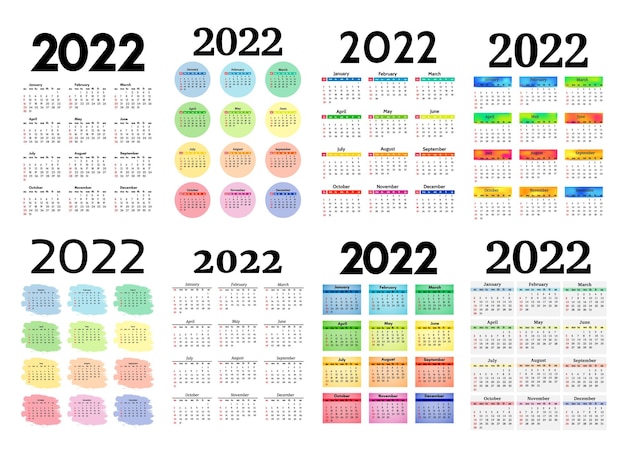 Set van acht verticale kalenders voor 2022 geïsoleerd op een witte achtergrond. Zondag tot maandag, zakelijke sjabloon. vector illustratie