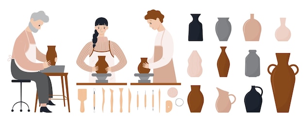 Set van acient keramische vazen, kleigereedschappen en mensen die potten op wiel maken